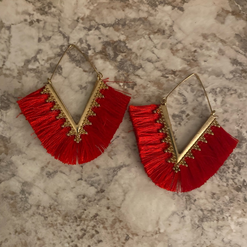 Red fringe earrings